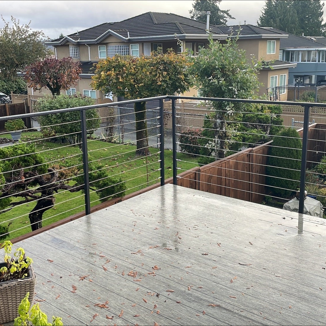 Side mounted metal post cable railing project in Burnaby, British Columbia